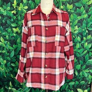 Flannel button up. Burgundy black and white